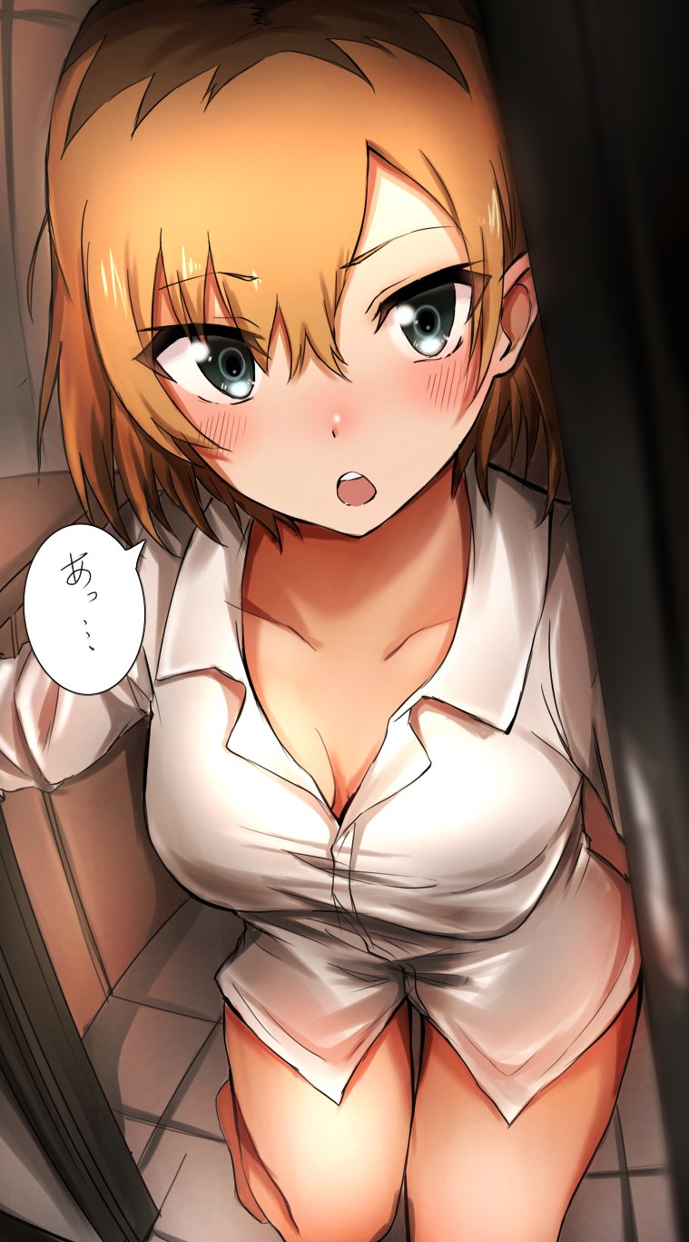 1girl :o bare_legs barefoot blush breasts brown_hair collarbone doorway highres looking_at_viewer medium_breasts miyamori_aoi no_pants round_teeth shirobako shirt solo speech_bubble tahita1874 teeth tile_floor tiles white_shirt