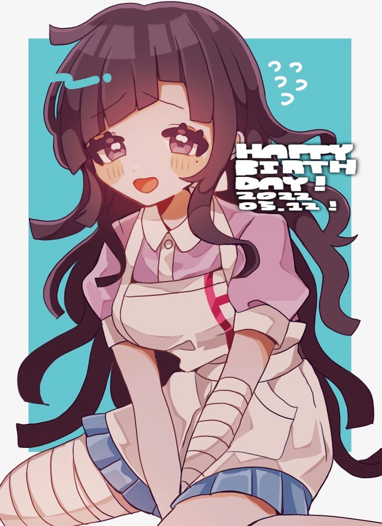 1girl ameko53133 apron arms_between_legs bandaged_leg bandages bangs black_hair blue_skirt blush border danganronpa_(series) danganronpa_2:_goodbye_despair dated eyebrows_visible_through_hair flying_sweatdrops green_background happy_birthday long_hair mole mole_under_eye open_mouth pink_eyes pink_shirt pleated_skirt puffy_short_sleeves puffy_sleeves shirt short_sleeves skirt solo tsumiki_mikan white_border