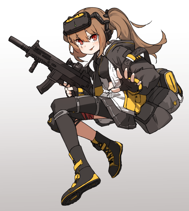 1girl amonitto black_legwear blush brown_hair commentary_request eyebrows_visible_through_hair fingerless_gloves full_body girls_frontline gloves h&amp;k_ump9 hair_between_eyes jacket knee_pads long_hair looking_at_viewer mod3_(girls'_frontline) night_vision_device open_clothes open_jacket pantyhose parted_lips pleated_skirt red_eyes shirt single_knee_pad skirt solo twintails ump9_(girls'_frontline) white_shirt