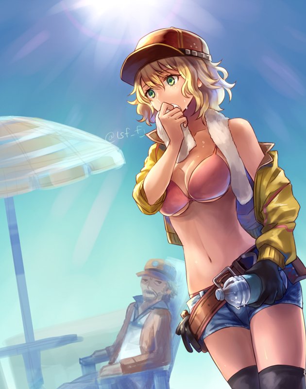 1boy 1girl baseball_cap belt black_gloves blonde_hair breasts cid_sophiar cidney_aurum cropped_jacket final_fantasy final_fantasy_xv gloves green_eyes hat navel sasanomesi short_hair short_shorts shorts thigh-highs