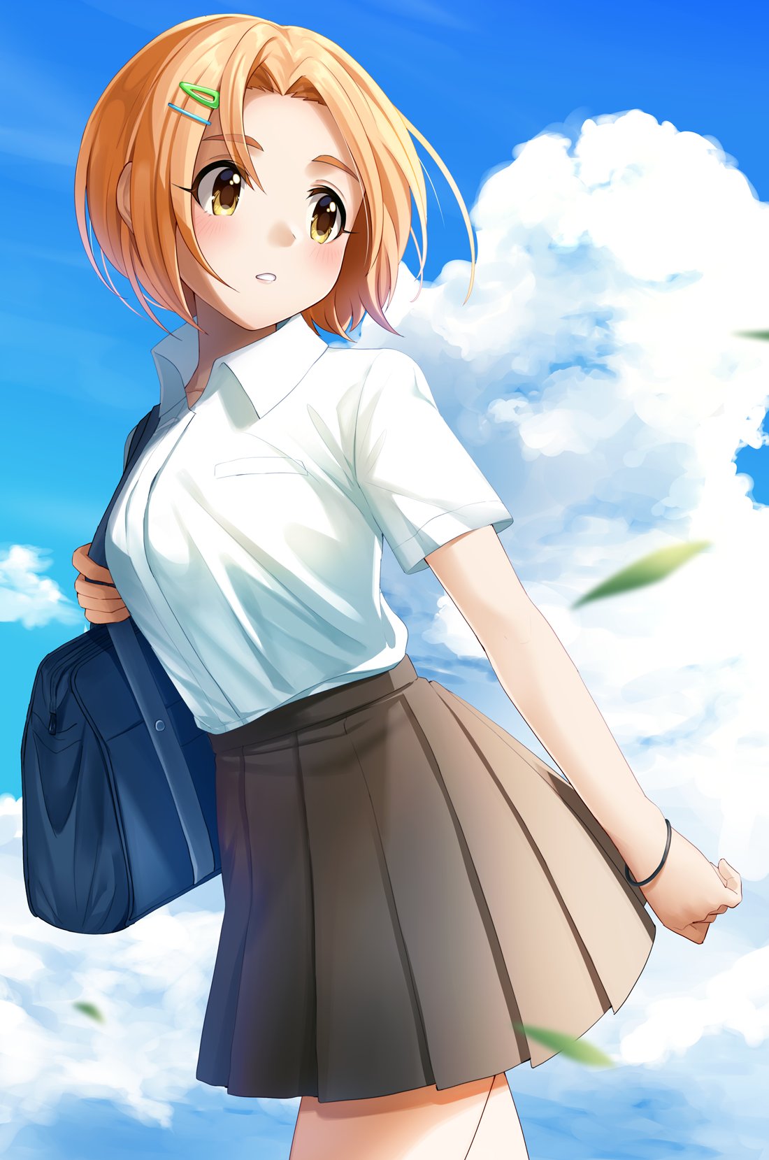 1girl :o bag blue_sky blush clouds falling_leaves forehead highres idolmaster idolmaster_cinderella_girls leaf looking_afar looking_to_the_side matatabi_dango older orange_hair outdoors pleated_skirt ryuzaki_kaoru school_bag school_uniform shirt short_hair skirt sky solo white_shirt