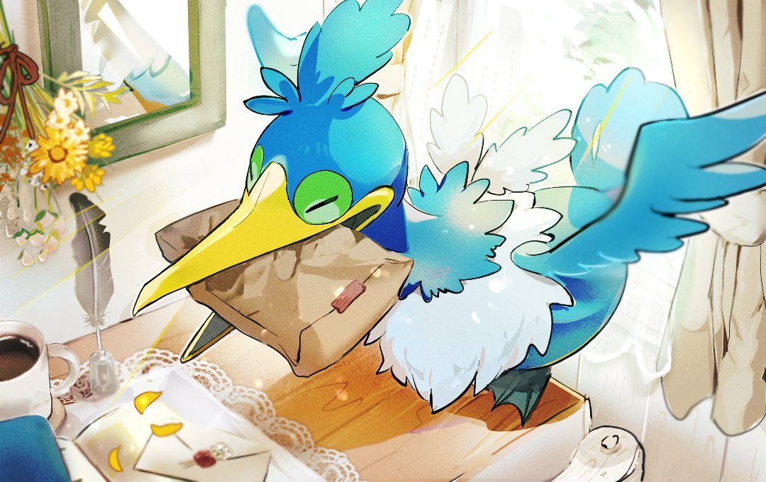 bird coffee commentary_request cramorant cup curtains envelope feathers flower indoors mirror mouth_hold mug nao_(naaa_195) no_humans package pokemon pokemon_(creature) quill solo yellow_flower