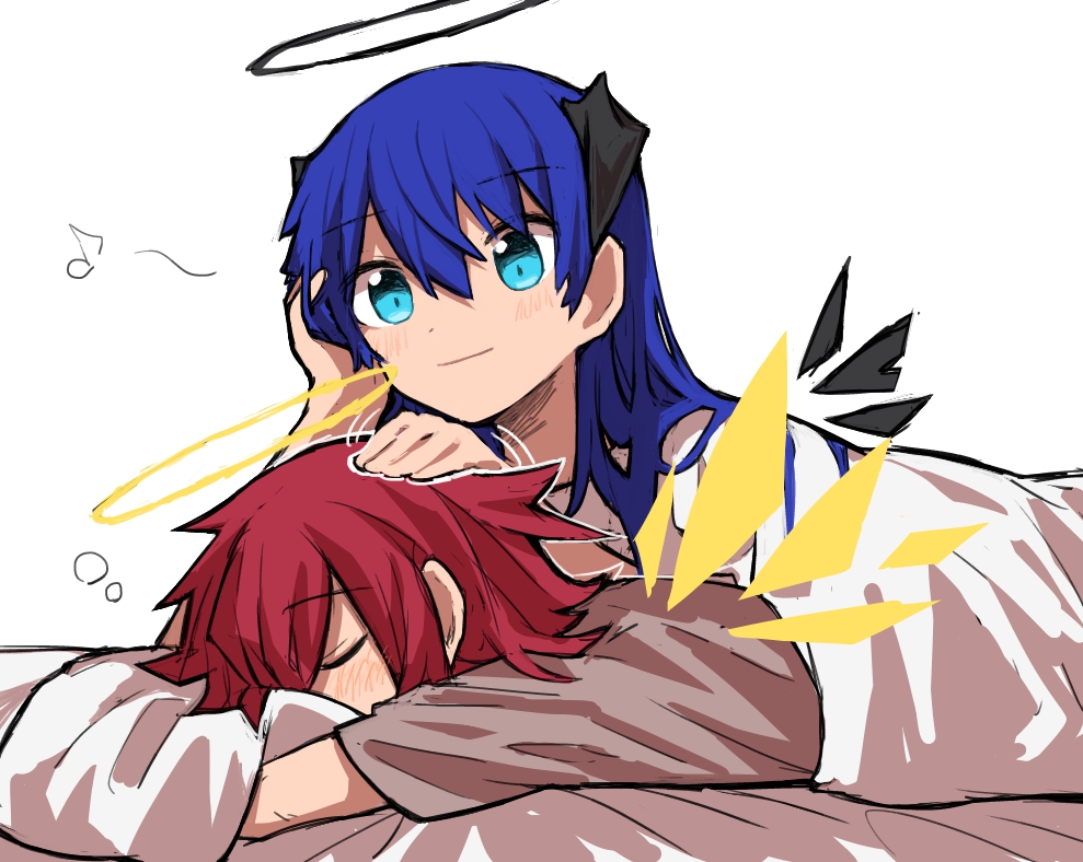 2girls arknights blue_eyes blue_hair closed_eyes commentary detached_wings donki_(yeah) eighth_note exusiai_(arknights) halo hand_on_another's_head hand_up headpat horns lying mostima_(arknights) multiple_girls musical_note on_stomach pillow redhead short_sleeves sleeping under_covers upper_body white_background wings