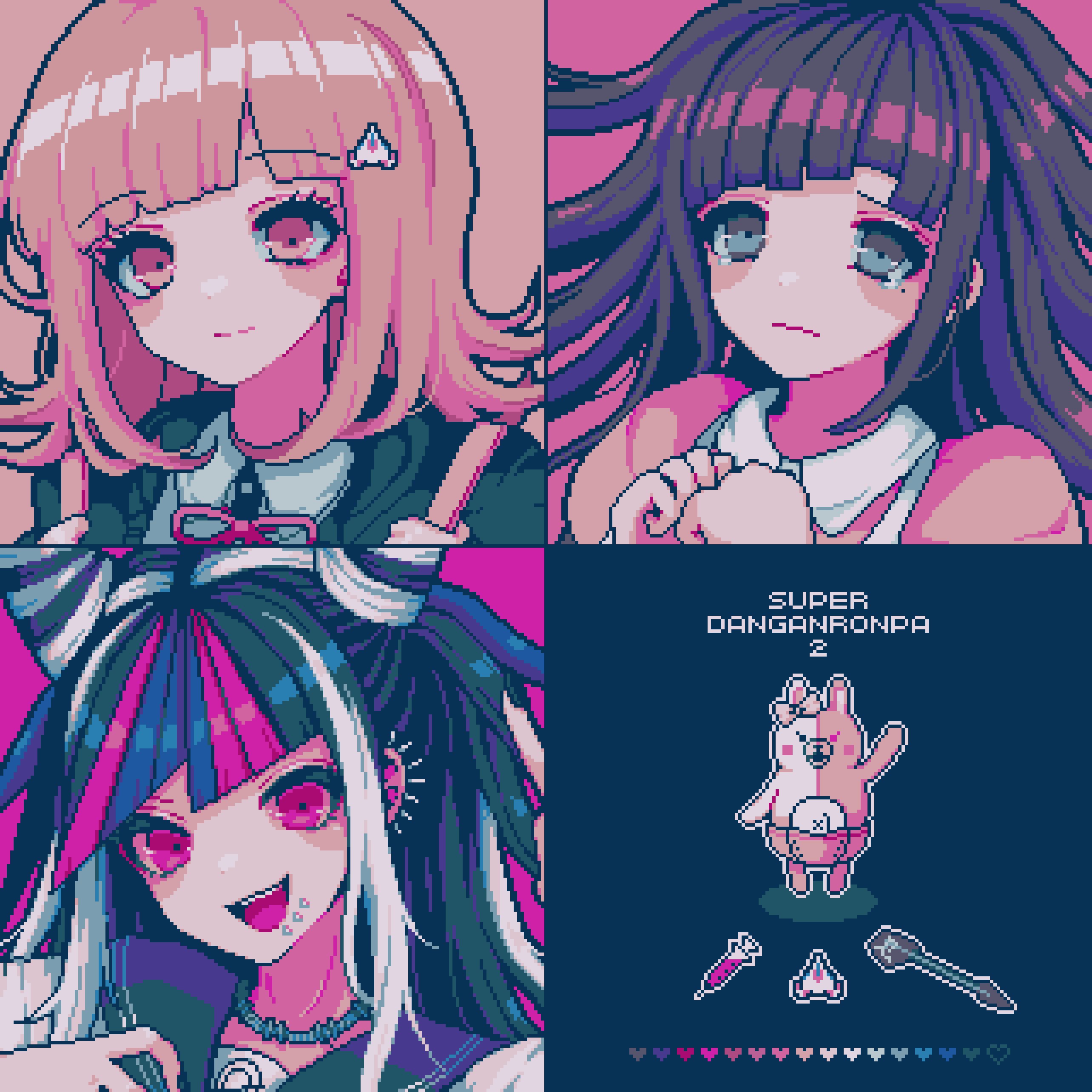 3girls absurdres bangs black_hair black_sailor_collar blue_hair blush closed_mouth collared_shirt copyright_name danganronpa_(series) danganronpa_2:_goodbye_despair diaper eyebrows_visible_through_hair galaga hair_horns hands_up heart highres kyua_moto long_hair medium_hair mioda_ibuki mole mole_under_eye monomi_(danganronpa) multicolored_hair multiple_girls nanami_chiaki neck_ribbon own_hands_together piercing pink_eyes pink_hair pink_ribbon pixel_art portrait ribbon sailor_collar shiny shiny_hair shirt smile syringe tsumiki_mikan white_hair