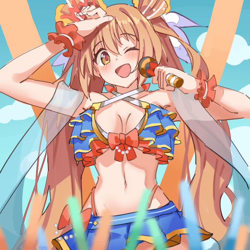 1girl bangs bikini blurry blurry_foreground blush bow breasts criss-cross_halter frilled_bikini frills glowstick hair_between_eyes hair_ribbon halterneck holding holding_microphone large_breasts long_hair looking_at_viewer microphone nozomi_(princess_connect!) orange_eyes orange_hair princess_connect! ribbon simplecar solo swimsuit twintails very_long_hair