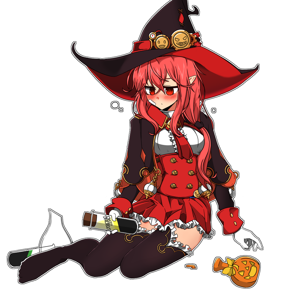1girl blush dungeon_and_fighter gloves hat jack-o'-lantern looking_down mage_(dungeon_and_fighter) no_shoes potion red_eyes redhead sitting sss_(komojinos3) thigh-highs white_background witch witch_(dungeon_and_fighter) witch_hat