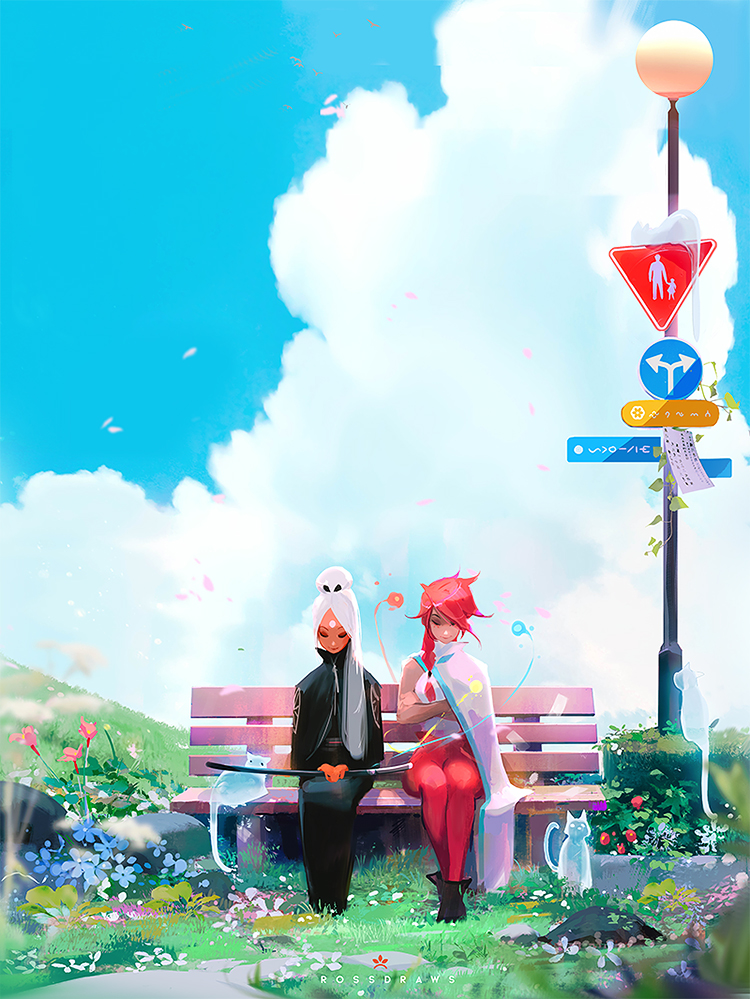 2girls bench cat closed_eyes clouds day flower ghost grass long_hair multiple_girls outdoors redhead road_sign ross_tran sign sitting sky sword weapon white_hair