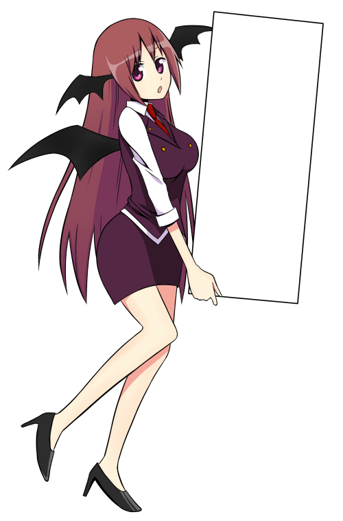 1girl :o bat_wings black_footwear box breasts collared_shirt commentary_request dot_nose dress_shirt full_body head_tilt head_wings high_heels holding holding_box koakuma large_breasts long_hair looking_at_viewer montamontamonta necktie purple_skirt purple_vest red_eyes red_necktie redhead shirt simple_background skirt skirt_set solo standing standing_on_one_leg template touhou very_long_hair vest white_background white_shirt wings