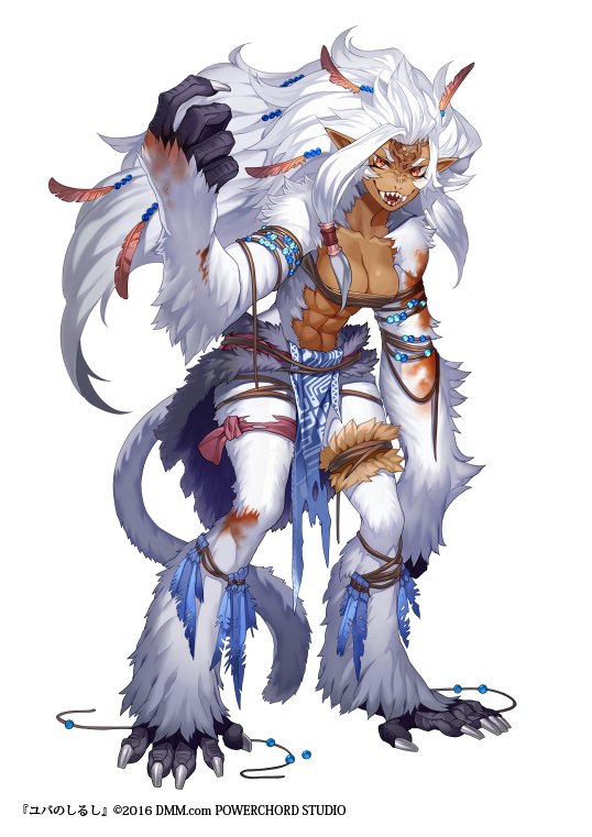 1girl abs animal_feet animal_hands beads blood blood_on_arm blood_on_hands blood_on_leg claws dark_skin dmm fangs feather_hair_ornament feathers full_body hair_ornament hand_up loincloth long_hair looking_at_viewer monkey_girl monkey_tail monster_girl open_mouth orange_eyes pointy_ears sharp_teeth solo tail teeth torn_clothes very_long_hair white_background white_fur yuba_no_shirushi yuzu_shio