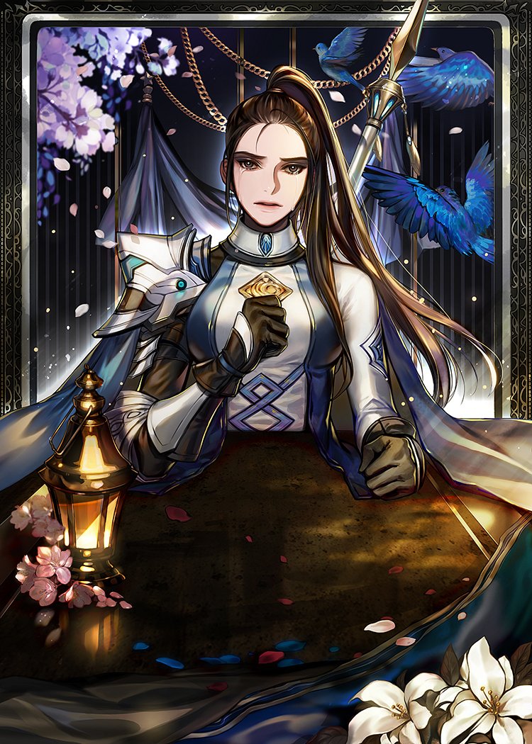 1girl armor bird branch brown_hair cape cho_hyeji_(regressor's_instruction_manual) clenched_hand crying eu_(euspia) flower gloves ponytail regressor's_instruction_manual shoulder_armor solo table upper_body