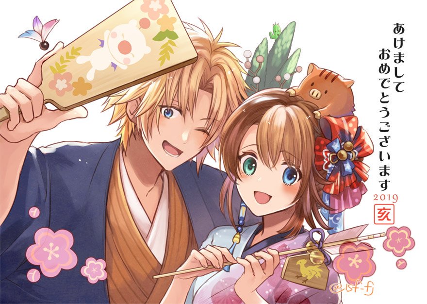 1boy 1girl 2019 blonde_hair blue_eyes brown_hair final_fantasy final_fantasy_x green_eyes hair_ornament heterochromia japanese_clothes looking_at_viewer new_year open_mouth sasanomesi short_hair simple_background smile tidus white_background yuna_(ff10)