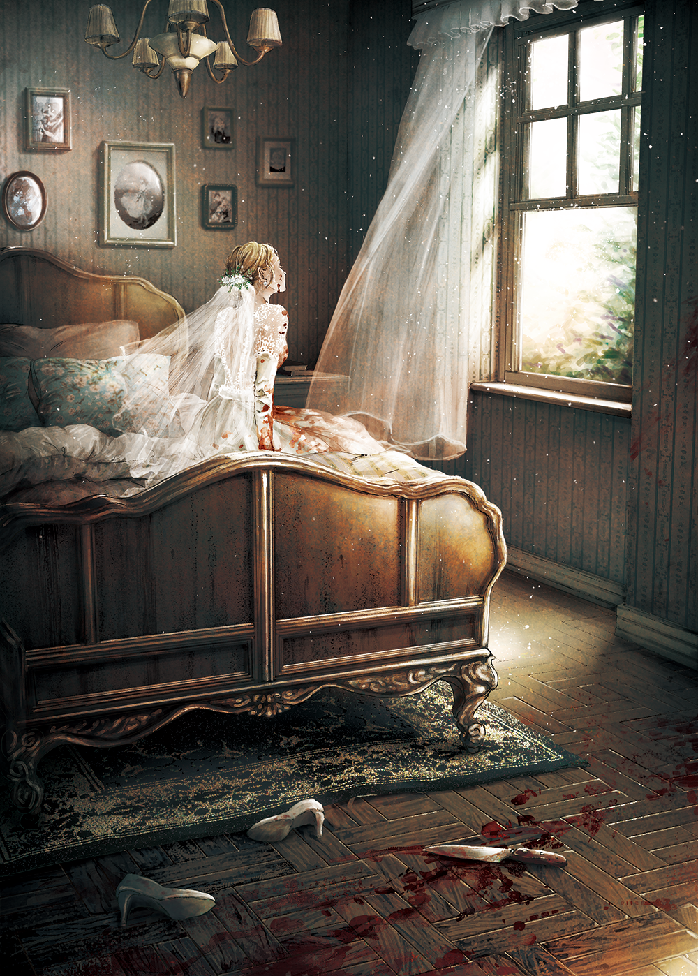 1girl bed blanket blonde_hair blood blood_on_clothes blood_on_dress blood_on_face blood_stain bridal_veil bride carpet commentary curtains day dress elbow_gloves flower gloves hair_flower hair_ornament high_heels highres implied_murder indoors knife kobone_awaki light light_particles on_bed original painting_(object) pillow shoes shoes_removed sitting solo veil wedding_dress white_dress white_gloves wind window wooden_floor