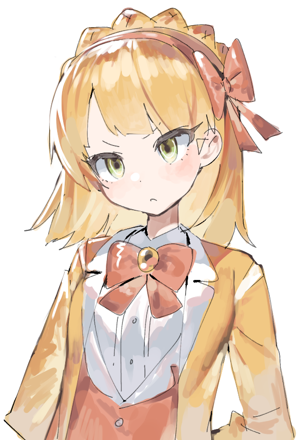 1girl :&lt; bangs blonde_hair bow bowtie closed_mouth devy_lobotomy green_eyes hairband jacket korean_commentary library_of_ruina medium_hair orange_bow orange_bowtie project_moon shirt simple_background sketch solo tiphereth_a_(project_moon) upper_body vest white_background yellow_jacket