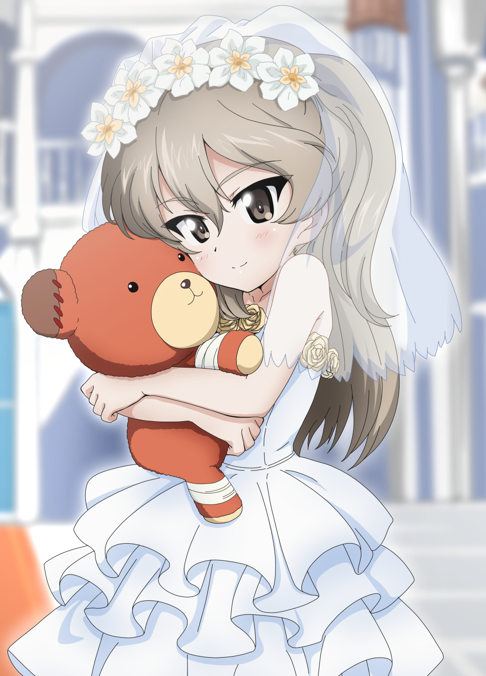 1girl bangs blurry blurry_background boko_(girls_und_panzer) bridal_veil brown_eyes closed_mouth commentary day depth_of_field dress eyebrows_visible_through_hair flower girls_und_panzer hair_flower hair_ornament highres holding holding_stuffed_toy kanau layered_dress light_brown_hair long_hair looking_at_viewer medium_dress one_side_up outdoors shimada_arisu short_sleeves smile solo standing stuffed_animal stuffed_toy teddy_bear veil wedding_dress white_dress white_flower