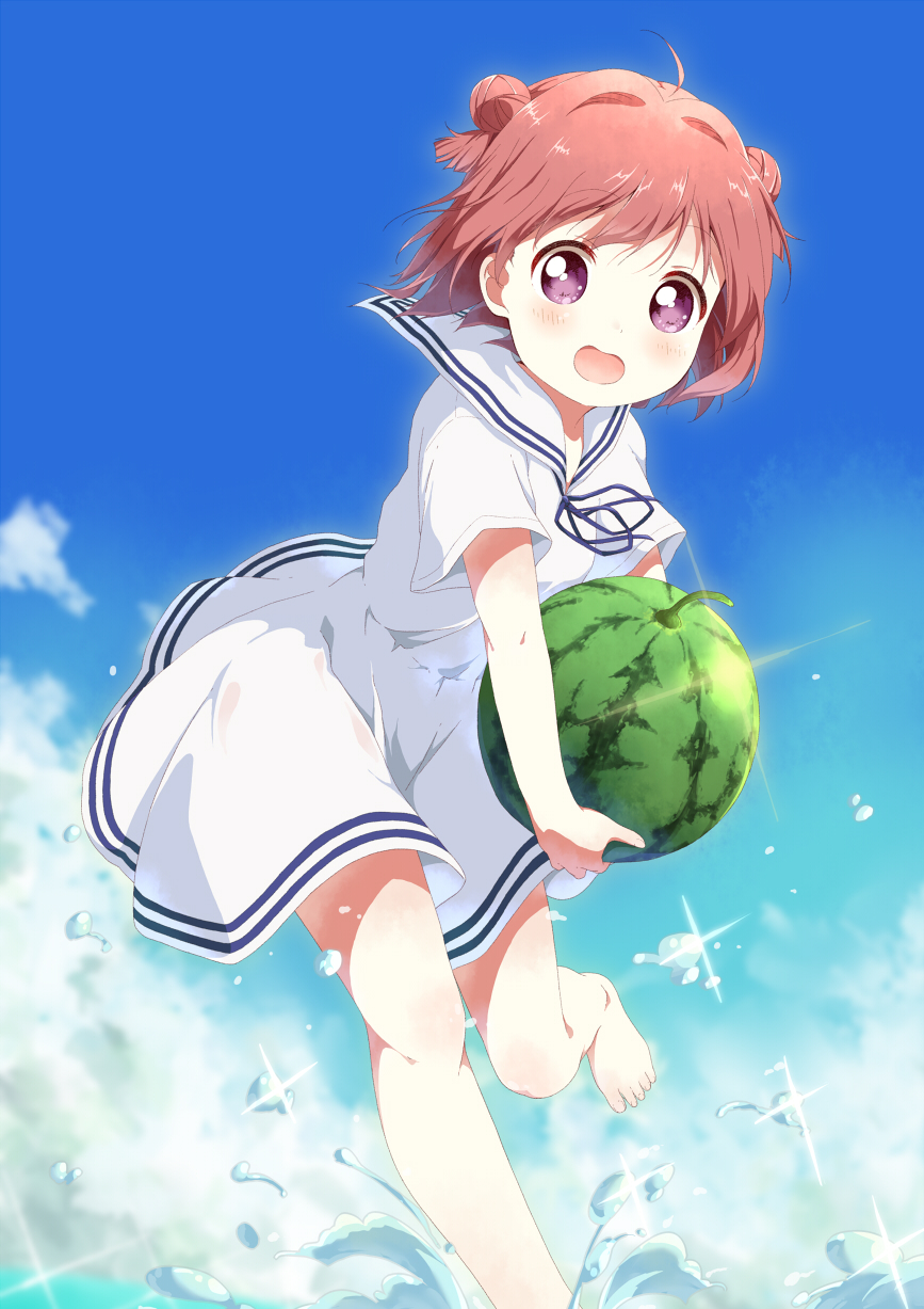 1girl ahoge akaza_akari alternate_costume bangs barefoot clouds commentary_request day double_bun dress eyebrows_visible_through_hair food fruit glowing highres holding holding_food holding_fruit lens_flare ocean open_mouth redhead ribbon sailor_collar sailor_dress short_hair short_sleeves sky summer toma_(shinozaki) violet_eyes walking walking_on_liquid water watermelon yuru_yuri