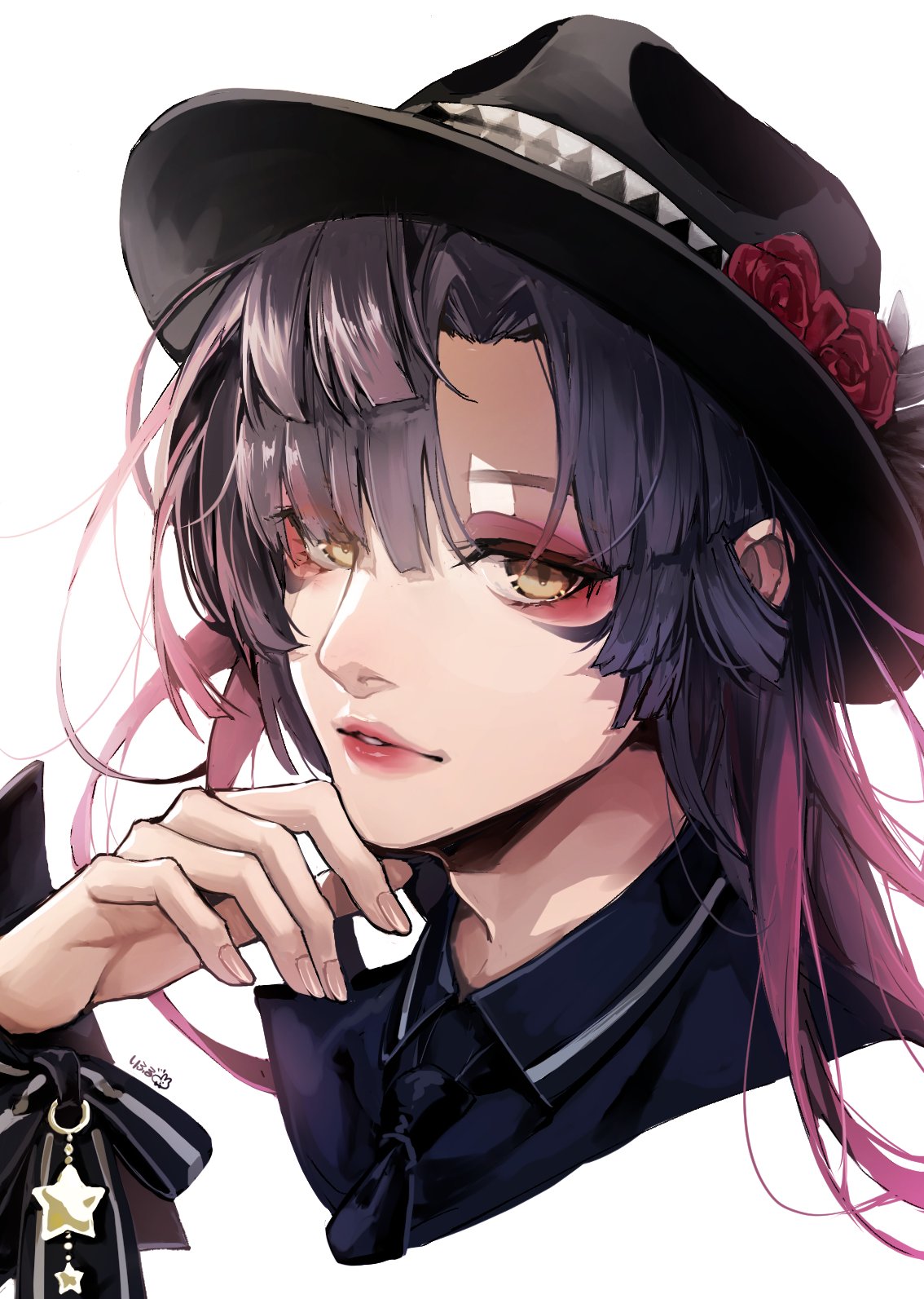 1other ambiguous_gender bangs black_necktie collared_shirt dark_blue_hair eyeshadow gothicrifuru hair_over_one_eye hand_on_own_chin hand_up hat highres lips looking_at_viewer makeup multicolored_hair necktie nose original parted_lips pink_hair pink_lips shirt simple_background two-tone_hair white_background yellow_eyes