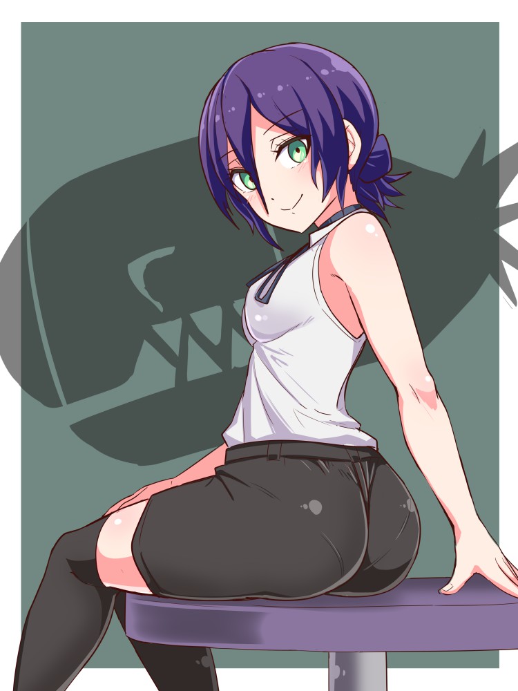1girl ass bangs black_legwear black_shorts blue_hair breasts chainsaw_man choker closed_mouth commentary cougar_(cougar1404) folded_ponytail from_behind green_eyes hair_between_eyes looking_at_viewer looking_back over-kneehighs pantylines reze_(chainsaw_man) shirt short_hair shorts sitting sleeveless sleeveless_shirt small_breasts smile solo thigh-highs white_shirt