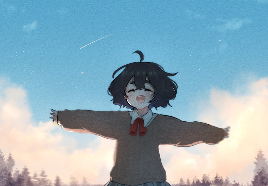 1girl :d ahoge bangs black_hair blind_girl_(popopoka) borrowed_character bow bowtie brown_sweater collared_shirt day freckles grey_skirt hair_between_eyes happy long_sleeves neqo_(neneneqo) original outdoors red_bow red_bowtie shirt skirt smile solo sweater symbol-only_commentary teeth thick_eyebrows tree upper_teeth