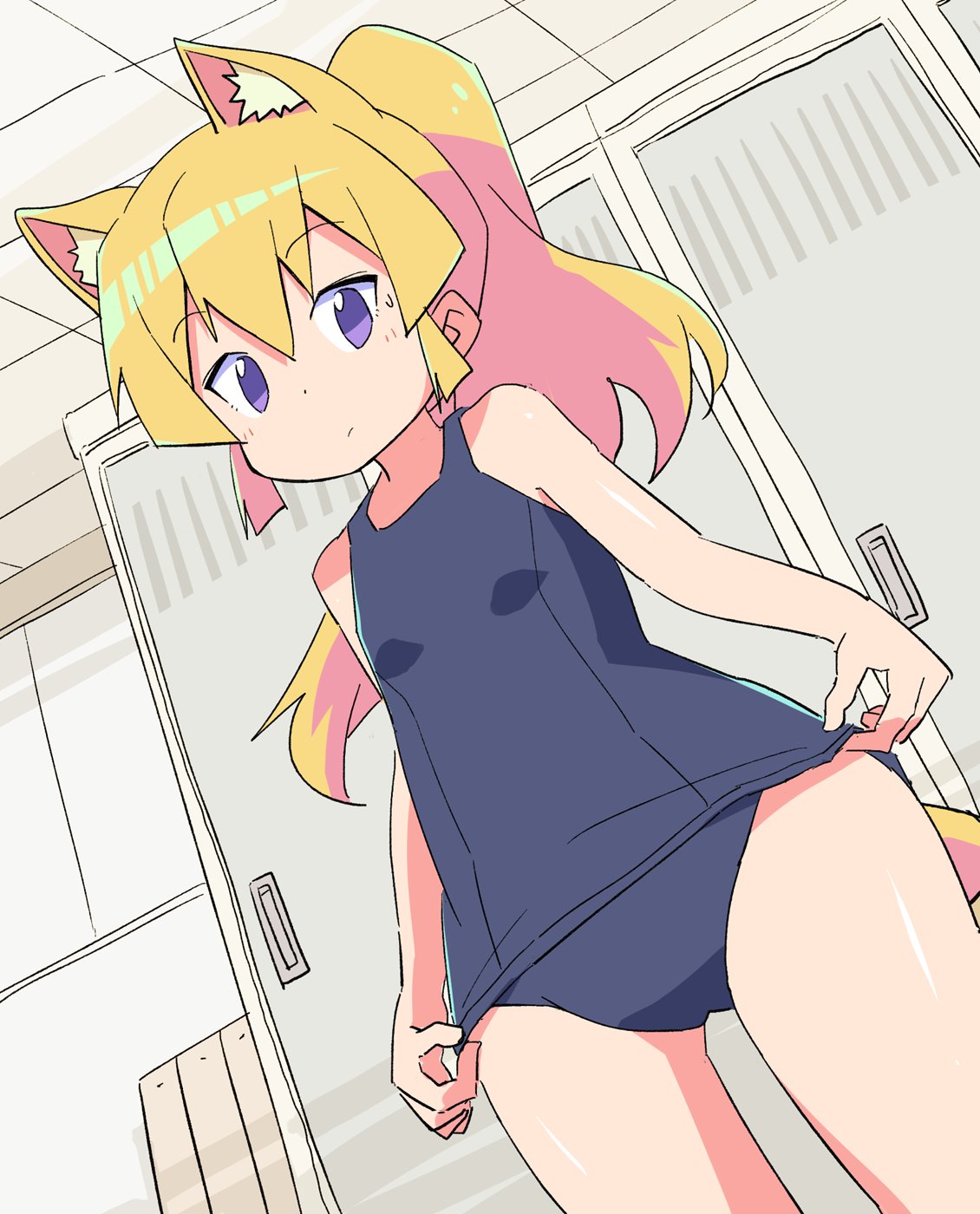1girl animal_ear_fluff animal_ears bangs bare_arms bare_shoulders black_swimsuit blonde_hair breasts ceiling closed_mouth commentary_request dutch_angle eyebrows_visible_through_hair hair_between_eyes highres indoors locker locker_room long_hair old_school_swimsuit one-piece_swimsuit original ponytail roku_no_hito school_swimsuit small_breasts solo standing swimsuit tail tile_ceiling tiles violet_eyes