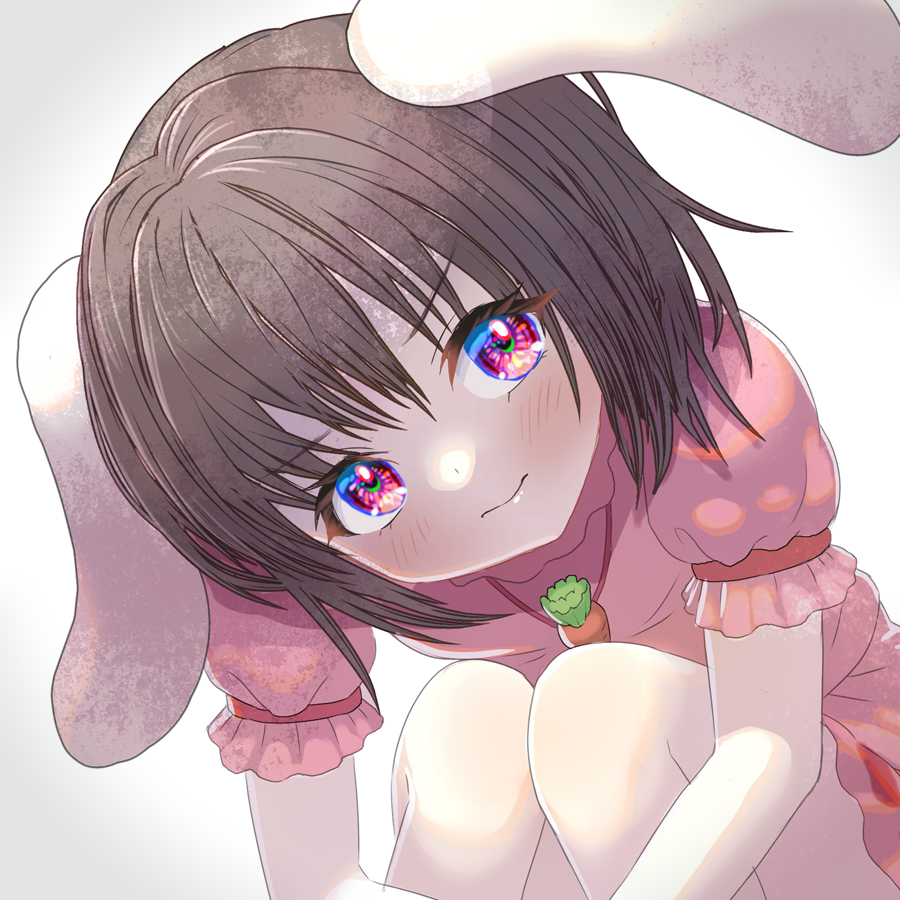 1girl animal_ears blush brown_hair closed_mouth dress feet_out_of_frame floppy_ears from_above inaba_tewi jewelry knees_together_feet_apart looking_at_viewer pink_dress pink_eyes puffy_short_sleeves puffy_sleeves rabbit_ears shiroi_karasu short_hair short_sleeves simple_background solo touhou white_background white_legwear