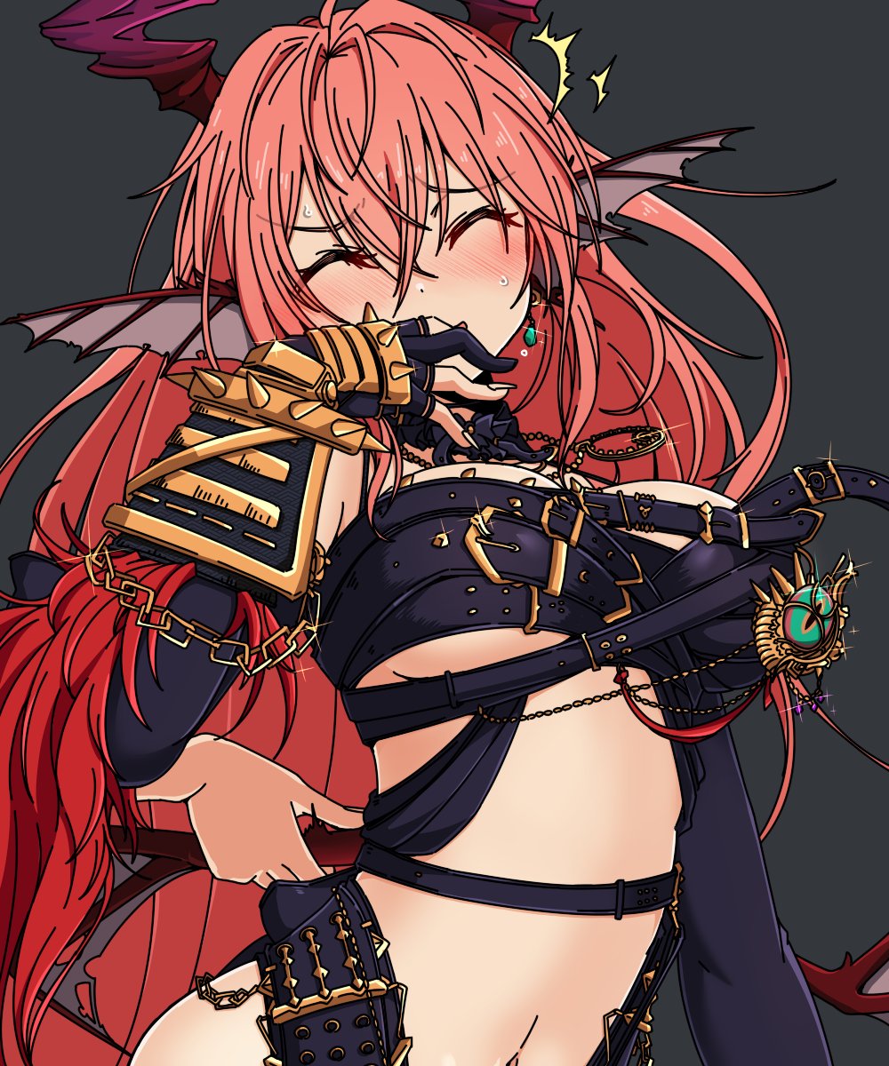 1girl blush breasts dungeon_and_fighter earrings grey_background hand_on_own_face highres horns jewelry knight_(dungeon_and_fighter) large_breasts laughing navel pink_hair solo sss_(komojinos3) tickling upper_body