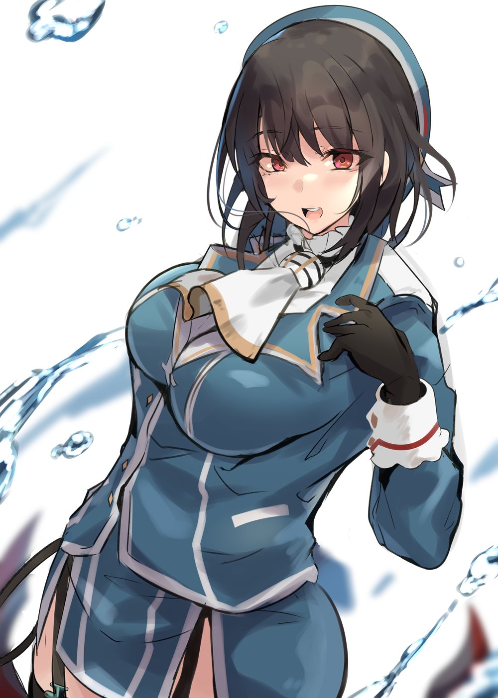 1girl ascot beret black_gloves black_hair blue_headwear blue_jacket blue_skirt breasts endou_(zettai_bluenoid) garter_straps gloves hand_on_own_chest hat highres jacket kantai_collection large_breasts looking_at_viewer medium_hair messy_hair red_eyes simple_background skirt solo splashing takao_(kancolle) thigh-highs white_ascot white_background