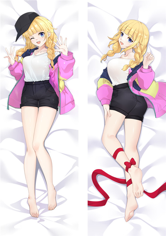 1girl ass bangs bare_shoulders barefoot baseball_cap black_headwear black_shorts blonde_hair blue_eyes blunt_bangs braid breasts dakimakura_(medium) hat hood hoodie jacket large_breasts long_hair looking_at_viewer moeanime off_shoulder one_eye_closed open_clothes open_hands open_hoodie open_jacket open_mouth paripi_koumei ribbon shirt shirt_slip shirt_tucked_in short_shorts shorts soles toes tsukimi_eiko twin_braids v_neck white_shirt