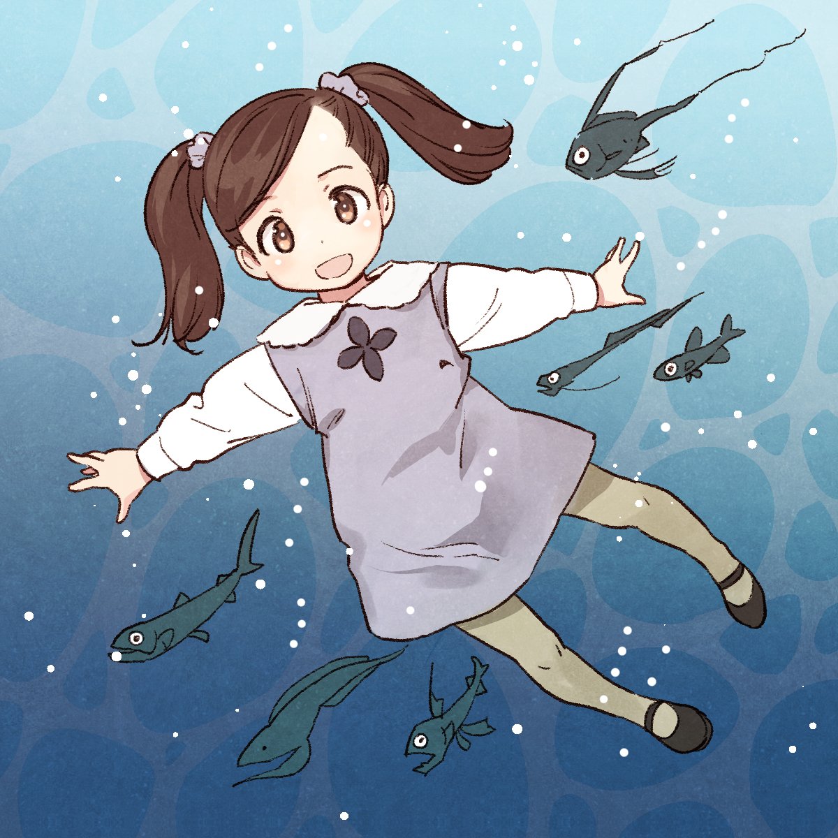 1girl :d animal bangs black_footwear blush brown_eyes brown_hair brown_legwear child collared_dress commentary_request dress eyebrows_visible_through_hair fish full_body hair_ornament hair_scrunchie highres long_sleeves looking_at_viewer nagatsuki_misoka original pantyhose purple_dress purple_scrunchie scrunchie shirt shoes sleeveless sleeveless_dress smile solo swept_bangs twintails underwater water white_shirt