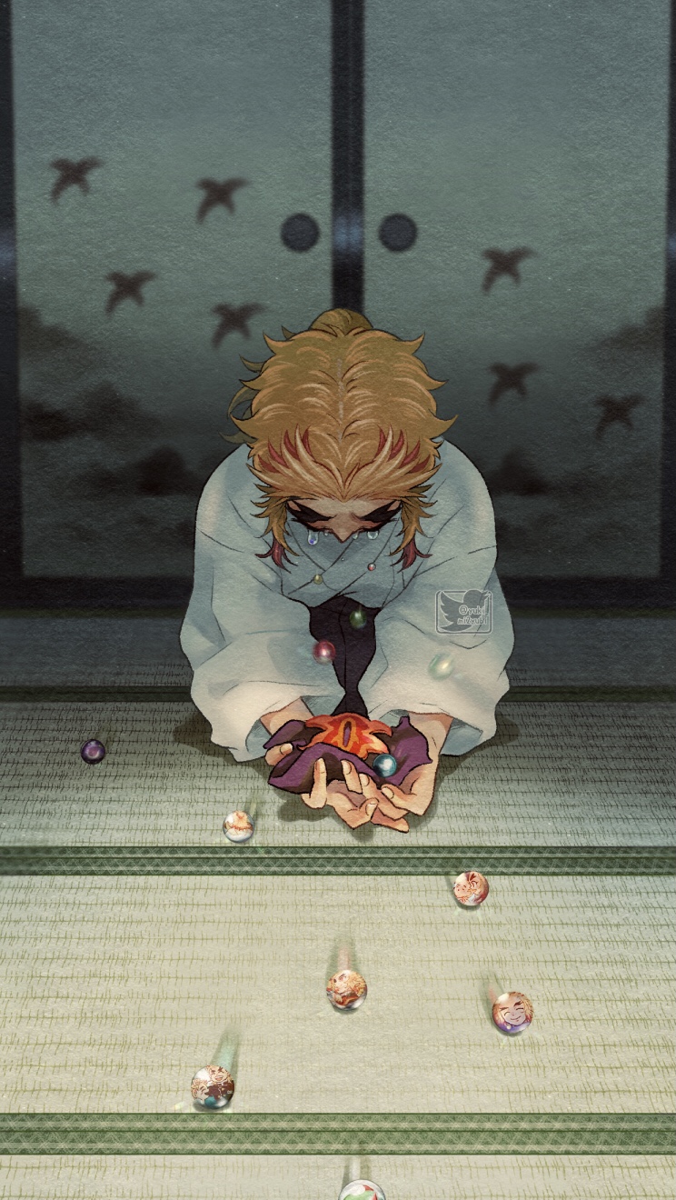 1boy blonde_hair blurry bowing child cloth colored_tips crying depth_of_field flame_print forked_eyebrows hakama highres holding indoors japanese_clothes kimetsu_no_yaiba long_sleeves male_focus marble_(toy) memory motion_blur multicolored_hair on_floor outstretched_arms own_hands_together redhead rengoku_kyoujurou rengoku_senjurou seiza shouji sidelocks sitting sliding_doors solo streaked_hair tatami tears tsuba_(guard) yuki_(yuki3243)