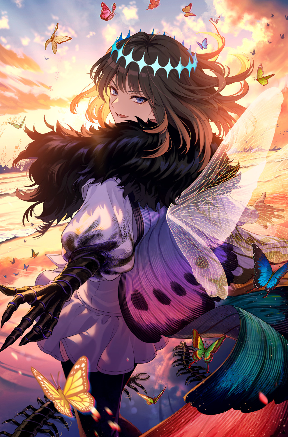 1boy :d alternate_hair_color arthropod_boy back bangs beach black_hair black_legwear black_pants blue_butterfly blue_eyes bug butterfly butterfly_wings cape clouds collared_shirt commentary crown diamond_hairband fate/grand_order fate_(series) feet_out_of_frame frilled_skirt frills fur_collar fur_trim gradient_sky green_butterfly highres insect_wings long_sleeves looking_at_viewer looking_back lower_teeth male_focus medium_hair michi_(iawei) oberon_(fate) oberon_(third_ascension)_(fate) official_alternate_costume open_mouth orange_sky outdoors pants puffy_sleeves red_butterfly shirt shore skirt sky smile solo spoilers sunlight sunset teeth twilight v-shaped_eyebrows water white_shirt wings yellow_butterfly