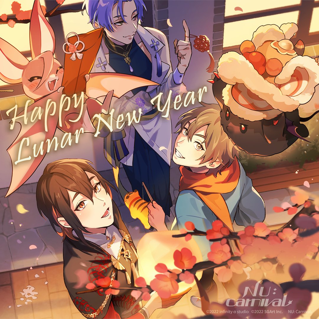 3boys aster_(nu_carnival) bat brown_hair cherry_blossoms chinese_clothes eiden_(nu_carnival) floral_print gem happy_new_year heterochromia kuya_(nu_carnival) letter light_brown_eyes light_brown_hair long_sleeves mole mole_under_eye morvay_(nu_carnival) multicolored_hair multiple_boys nu_carnival official_art orange_eyes orange_hair orange_scarf purple_hair scarf short_hair slit_pupils smile tassel tiger tiger_cub toy two-tone_hair violet_eyes yakumo_(nu_carnival) yellow_eyes