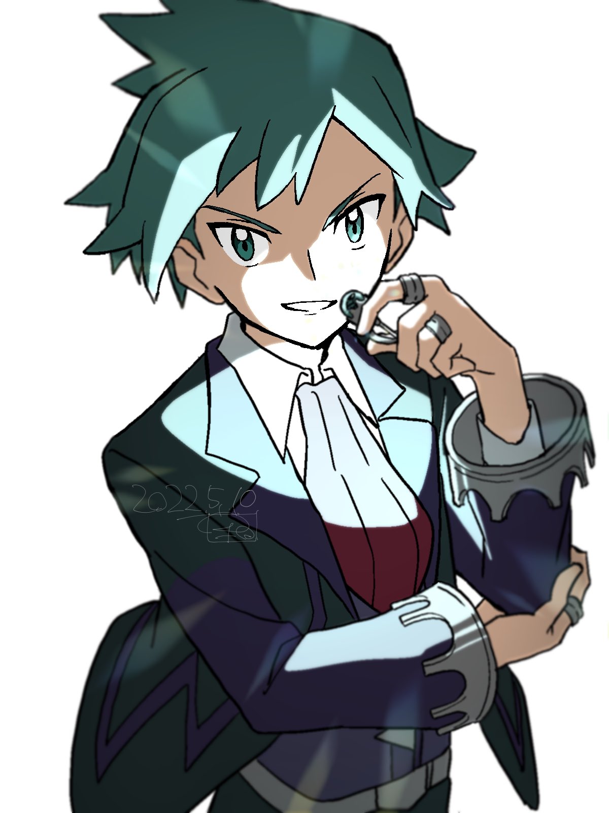 1boy black_jacket collared_shirt grey_eyes grey_hair highres jacket jewelry long_sleeves necktie pokemon pokemon_(game) pokemon_oras pokemon_rse red_necktie ring shirt short_hair steven_stone ueda_hanako