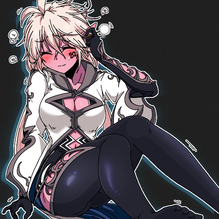 1girl closed_eyes colored_skin dark_elf dungeon_and_fighter ear_cleaning elf gloves happy jacket messy_hair no_shoes pointy_ears ponytail purple_skin rogue_(dungeon_and_fighter) sitting sss_(komojinos3) thief_(dungeon_and_fighter) thigh-highs white_hair