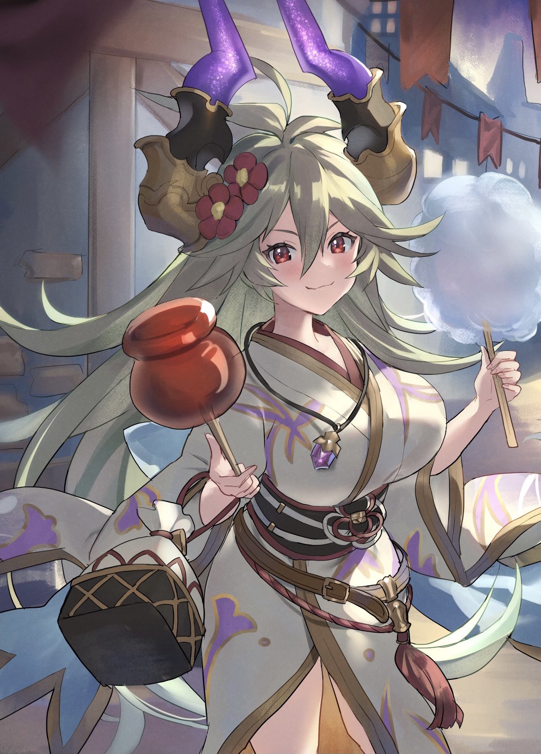 1girl breasts candy_apple cotton_candy draph food granblue_fantasy grey_hair highres horns huge_breasts japanese_clothes kimono shiromimin smile threo_(granblue_fantasy) yukata