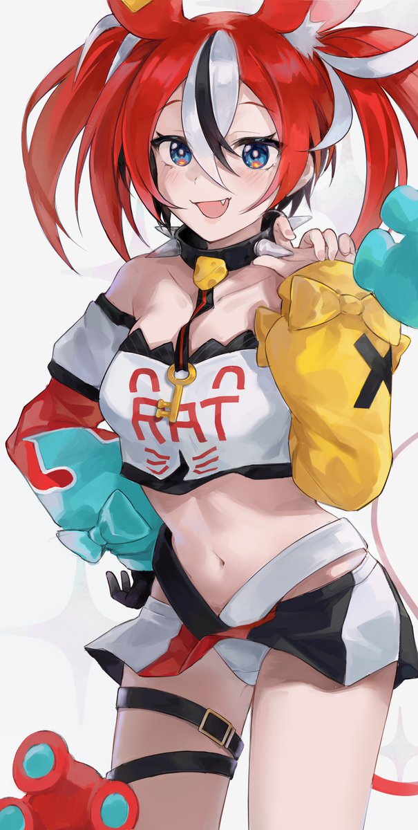 1girl :d animal_ear_fluff animal_ears asymmetrical_sleeves bangs bare_shoulders black_collar black_gloves black_hair blue_eyes blush collar cowboy_shot crop_top fang gloves hair_between_eyes hakos_baelz hand_on_hip hand_up highres hikkishi hololive hololive_english long_sleeves looking_at_viewer midriff miniskirt mismatched_sleeves mouse_ears mouse_girl mouse_tail multicolored_clothes multicolored_hair multicolored_skirt navel panties redhead shirt simple_background single_glove skirt smile solo spiked_collar spikes standing streaked_hair tail thigh_strap twintails underwear virtual_youtuber white_hair white_panties white_shirt