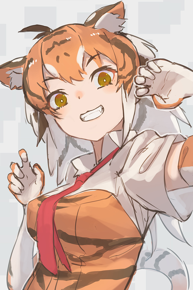 1girl animal_ear_fluff animal_ears animal_print antenna_hair arm_up bangs breasts bright_pupils brown_hair claw_pose collared_shirt don3 elbow_gloves eyebrows_visible_through_hair fangs gloves grin hand_up kemono_friends long_hair looking_at_viewer medium_breasts multicolored_hair necktie orange_hair print_gloves shirt short_sleeves smile solo streaked_hair sumatran_tiger_(kemono_friends) tail taut_clothes teeth tiger_ears tiger_girl tiger_print tiger_tail upper_body white_hair white_pupils wing_collar yellow_eyes