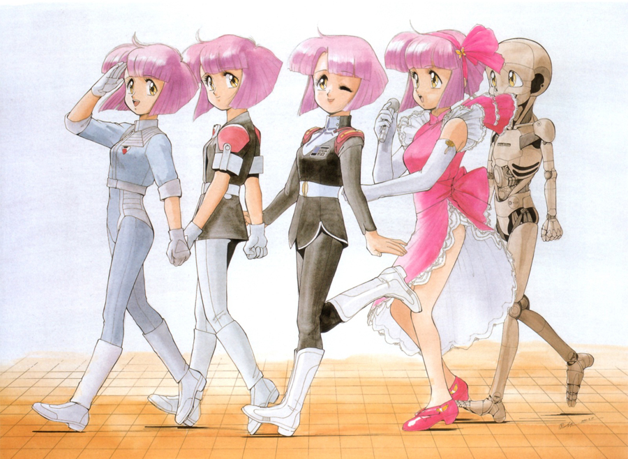 5girls android bangs black_jacket black_pants boots breasts catty clenched_hands dress elbow_gloves eyebrows_visible_through_hair gall_force gloves hairband jacket multiple_girls multiple_persona official_art one_eye_closed open_mouth pants parted_bangs pilot_suit pink_dress pink_hair pink_hairband salute short_hair small_breasts smile sonoda_ken'ichi walking white_footwear white_gloves white_pants yellow_eyes