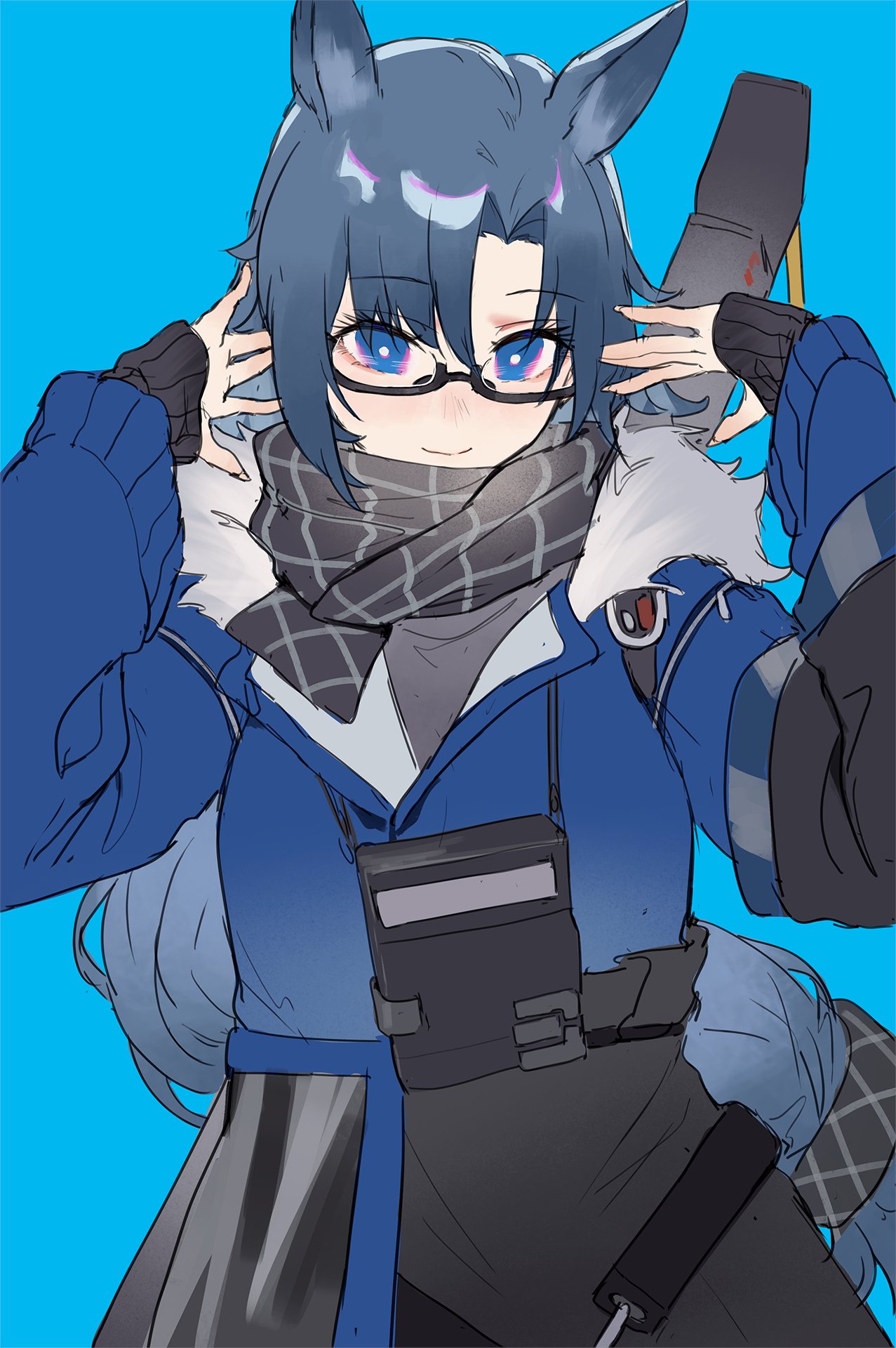 1girl animal_ears aochoku arknights black_scarf black_skirt blue_background blue_coat blue_eyes blue_hair checkered_clothes checkered_scarf coat fang_(arknights) fang_(cruciata)_(arknights) fur-trimmed_coat fur_trim glasses hands_up highres horse_ears long_hair long_sleeves looking_at_viewer official_alternate_costume scarf semi-rimless_eyewear simple_background skirt smile solo under-rim_eyewear upper_body very_long_hair winter_clothes winter_coat