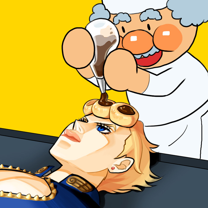 2boys anpanman biafura blonde_hair blue_eyes chef chocolate facial_hair giorno_giovanna grey_hair jojo_no_kimyou_na_bouken lying multiple_boys mustache old old_man on_back open_mouth smile vento_aureo