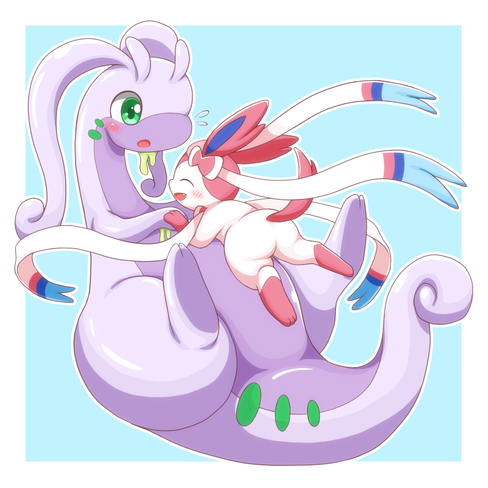 :o blue_background blush border closed_eyes commentary_request fang flying_sweatdrops goodra green_eyes holding_hands no_humans open_mouth outline pokemon pokemon_(creature) remoa_(kuremoa3912) sylveon tongue white_border