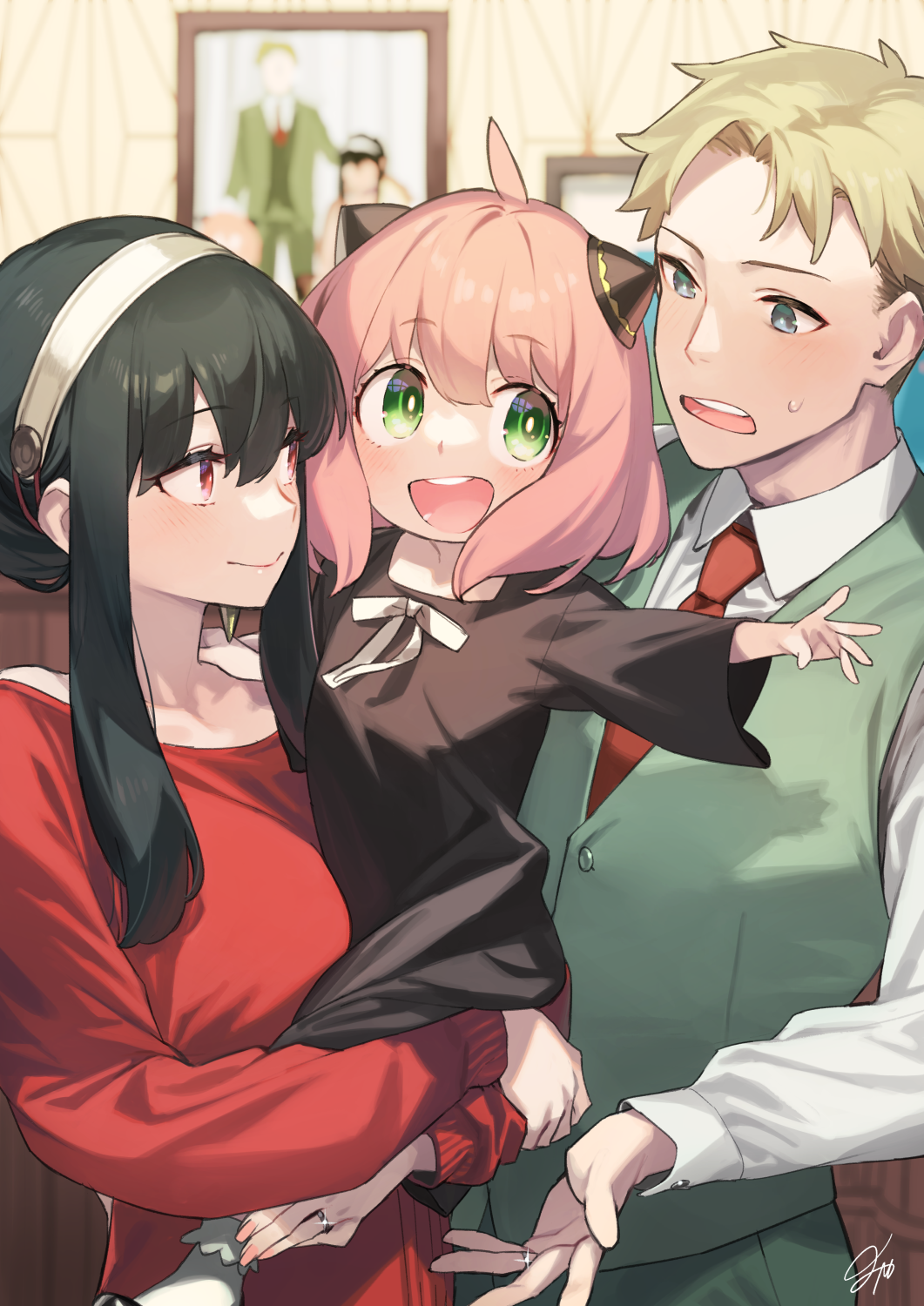 1boy 2girls 92m :d ahoge anya_(spy_x_family) bangs bare_shoulders black_dress black_hair blurry blurry_background blush breasts child closed_mouth collared_shirt dress english_commentary green_eyes hair_cones hairband highres jewelry large_breasts long_hair long_sleeves looking_at_another multiple_girls necktie open_mouth pink_hair portrait_(object) red_eyes red_necktie red_sweater ring round_teeth shirt sidelocks signature smile spy_x_family sweatdrop sweater sweater_dress teeth twilight_(spy_x_family) upper_teeth wedding_band white_hairband white_shirt yor_briar