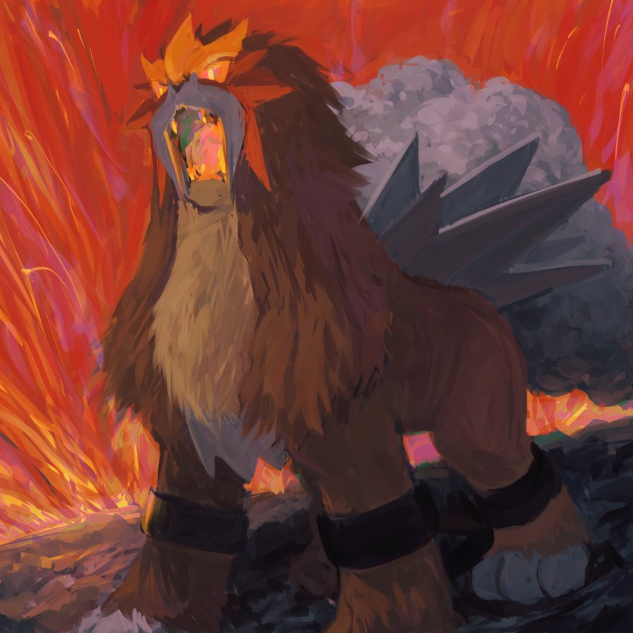 animal_focus bright_pupils commentary entei fangs go-lurk molten_rock no_humans open_mouth orange_eyes pokemon pokemon_(creature) solo standing