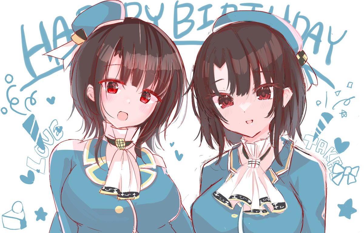2girls ascot beret birthday_cake black_hair blue_headwear blue_jacket breasts cake dual_persona eyebrows_visible_through_hair food hat jacket kantai_collection large_breasts lokolokooo looking_at_viewer multiple_girls open_mouth red_eyes shirt smile solo takao_(azur_lane) upper_body white_shirt