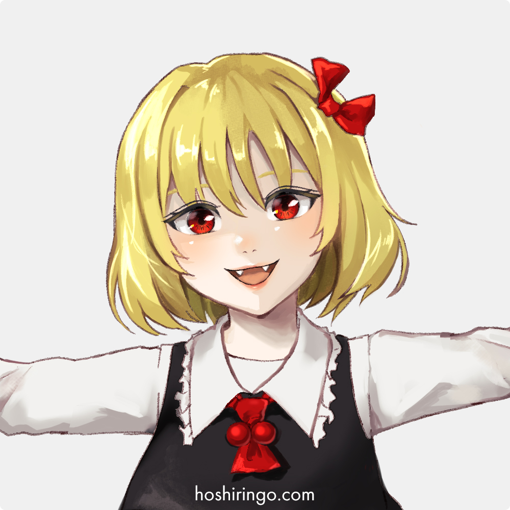 1girl ascot black_vest blonde_hair close-up collared_shirt commentary_request face fang frilled_shirt_collar frills hair_ribbon head_tilt hoshiringo0902 lips long_sleeves looking_at_viewer open_mouth outstretched_arms red_ascot red_eyes red_ribbon ribbon rumia shirt short_hair simple_background solo touhou vest white_background white_shirt