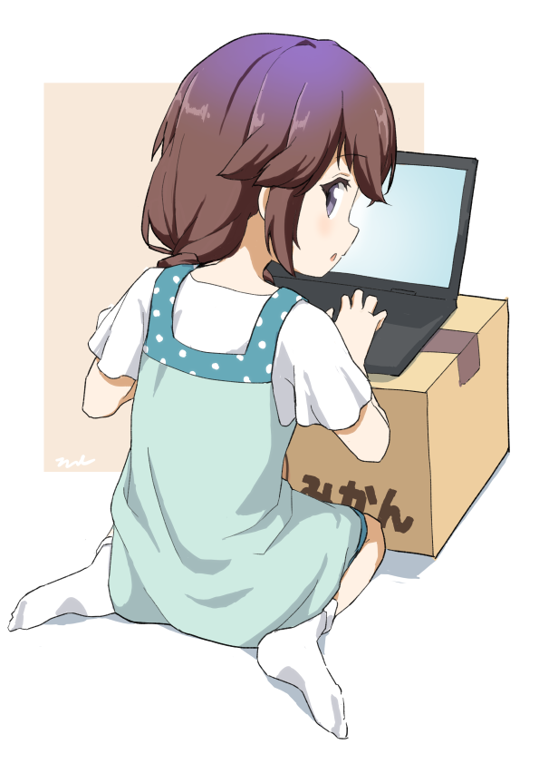 1girl aayh blue_dress blush box brown_background brown_hair cardboard_box commentary_request computer dress from_behind full_body hair_over_shoulder laptop long_hair looking_at_viewer looking_back low_ponytail machikado_mazoku no_shoes parted_lips ponytail profile shadow shirt short_sleeves signature sleeveless sleeveless_dress socks soles solo two-tone_background violet_eyes white_background white_legwear white_shirt yoshida_ryouko