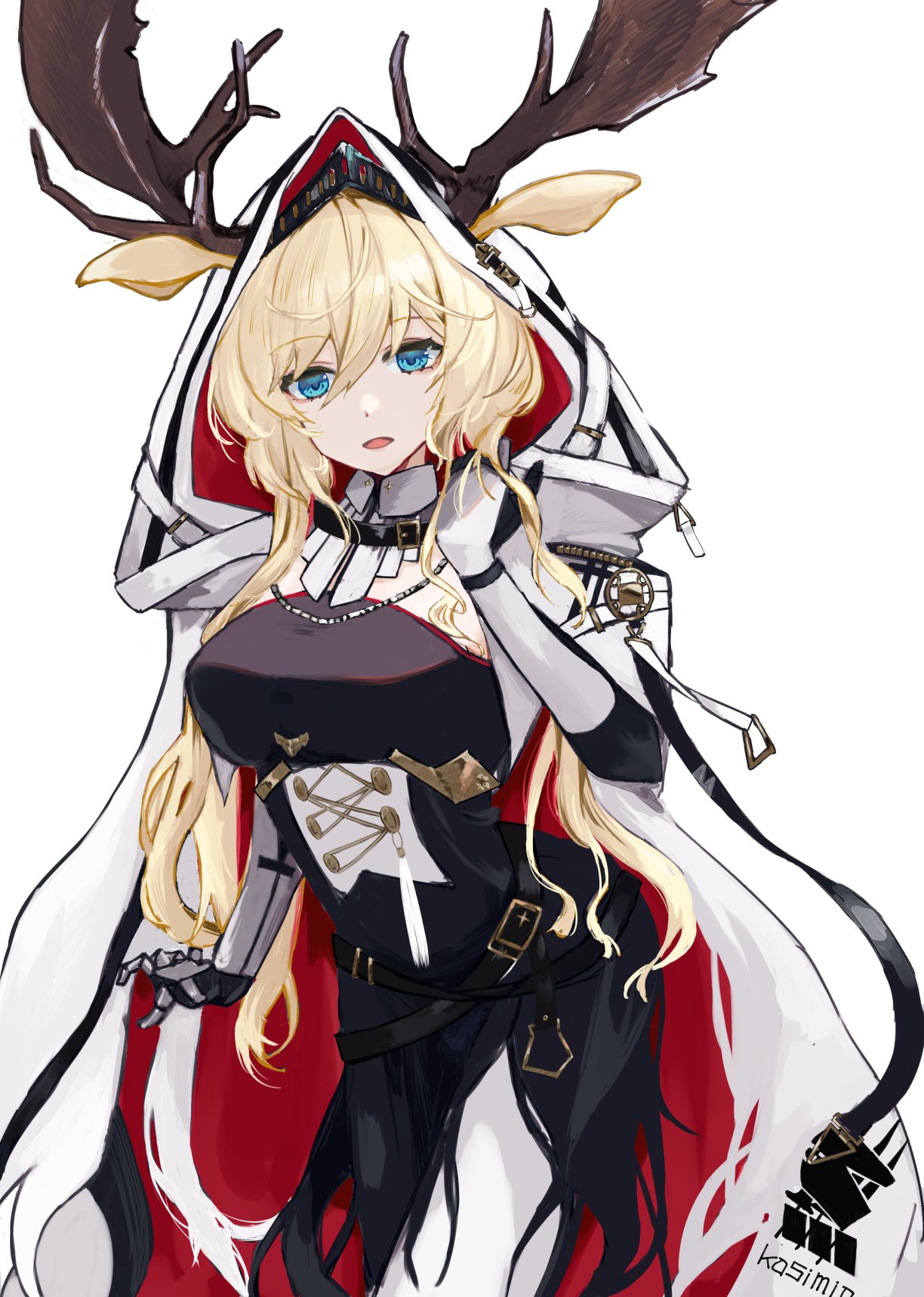 1girl animal_ears antlers arknights black_dress blonde_hair blue_eyes breasts cloak dress highres hood hooded_cloak large_breasts long_hair viviana_(arknights) white_legwear yuki_(nanao_yuki)