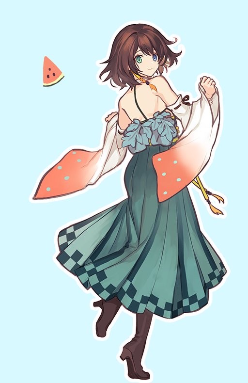 1girl blue_eyes boots brown_hair closed_mouth detached_sleeves final_fantasy final_fantasy_x food fruit full_body green_eyes hakama hakama_skirt heterochromia japanese_clothes looking_at_viewer sasanomesi short_hair simple_background skirt smile solo watermelon yuna_(ff10)