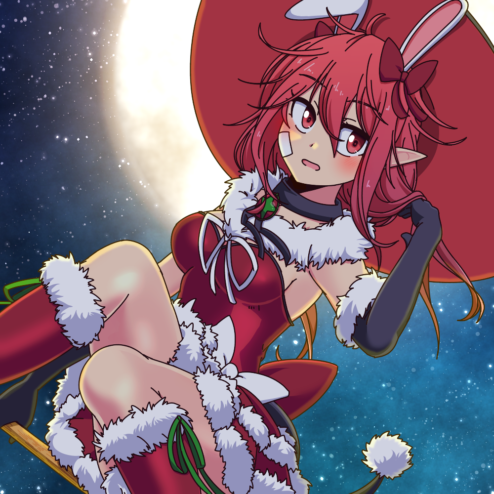 1girl animal_ears broom broom_riding collar costume dress dungeon_and_fighter female_mage_(dungeon_and_fighter) hat mage_(dungeon_and_fighter) moon night night_sky rabbit_ears red_dress ribbon sky solo sss_(komojinos3) tail thigh-highs witch_(dungeon_and_fighter) witch_hat