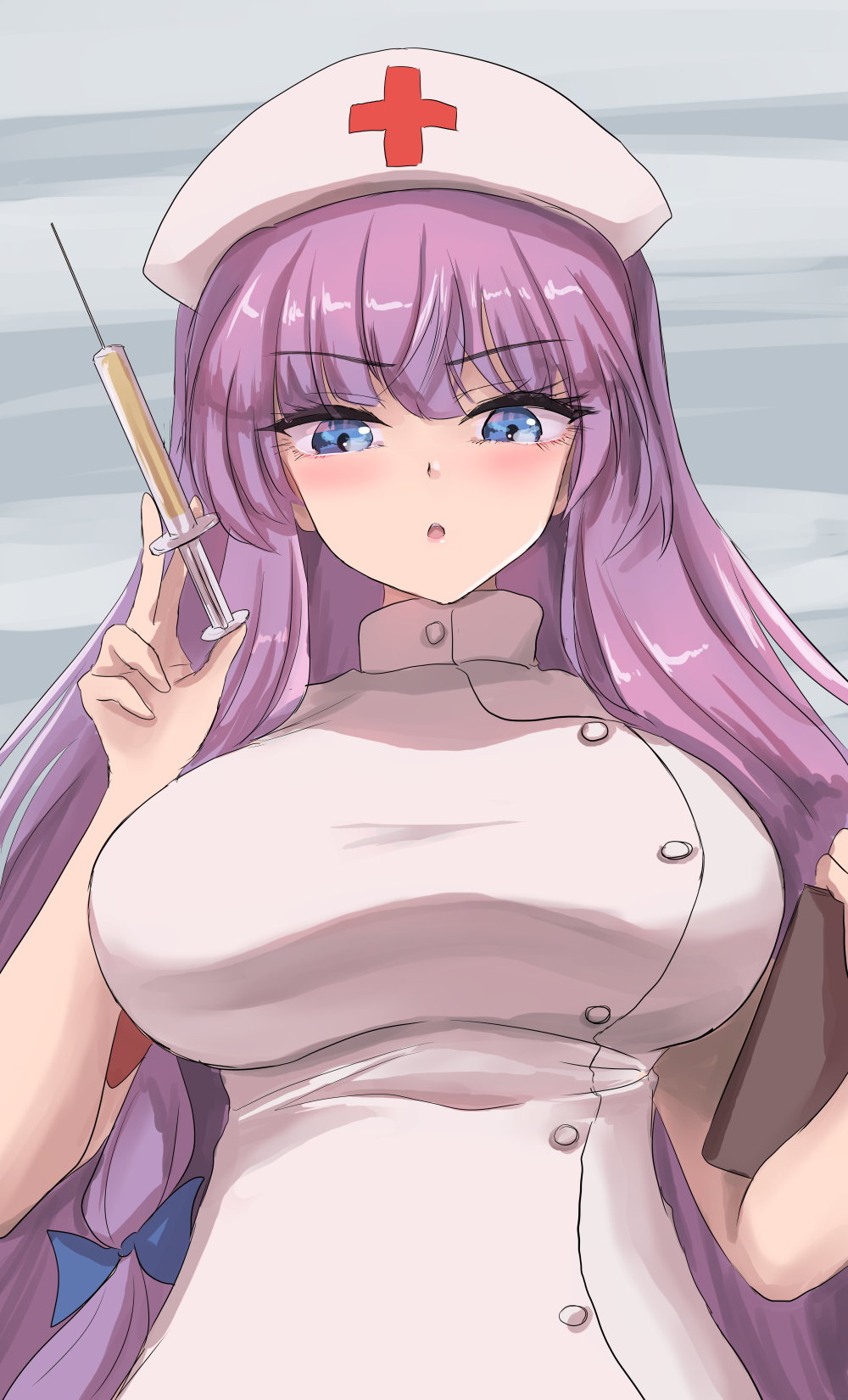 1girl alternate_costume bangs blue_eyes blush breasts dress eyebrows_visible_through_hair from_below grey_background hat highres holding holding_needle large_breasts long_hair looking_at_viewer namiki_(remiter00) needle nurse nurse_cap patchouli_knowledge purple_hair simple_background solo syringe touhou very_long_hair