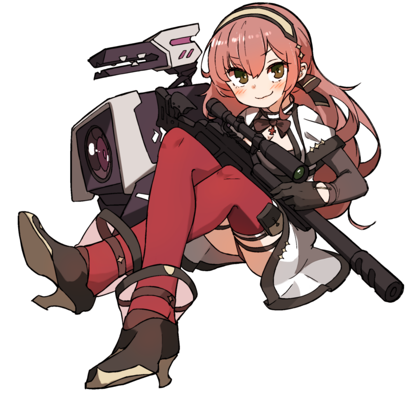 1girl amonitto bangs black_gloves blaser_r93 blush bolt_action brown_eyes closed_mouth commentary_request dinergate_(girls'_frontline) dress eyebrows_visible_through_hair full_body girls_frontline gloves gun hair_between_eyes holding holding_gun holding_weapon long_sleeves looking_at_viewer r93_(girls'_frontline) red_legwear rifle simple_background smile sniper_rifle weapon white_background